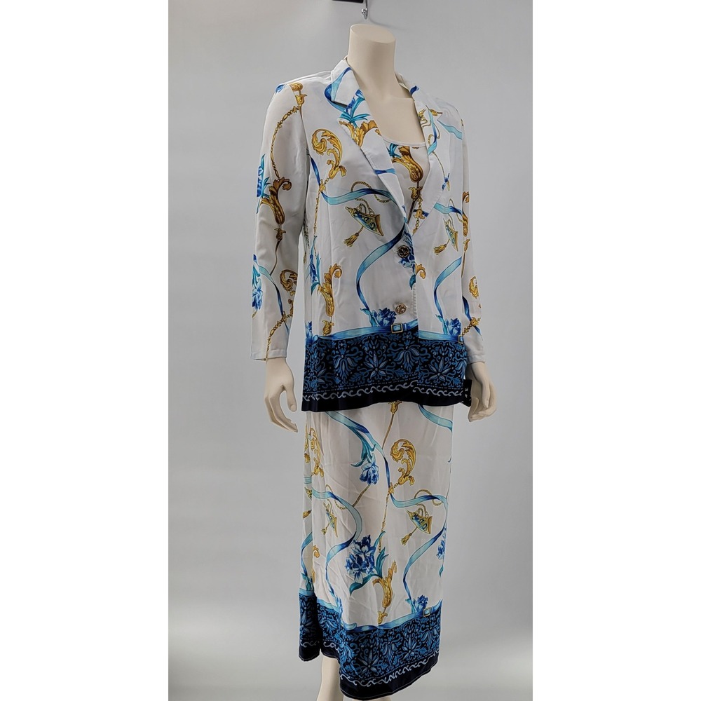 VTG Maggie Sweet Dress Jacket Set Small White Blue Baroque Chain Print NEW